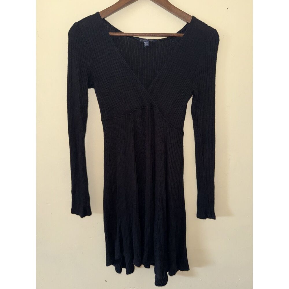 American Eagle Soft & Sexy Black Ribbed Long Sleeve V-Neck Dress - Small